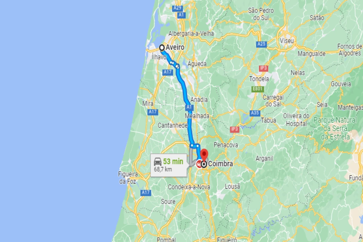 Trajeto entre Aveiro e Coimbra