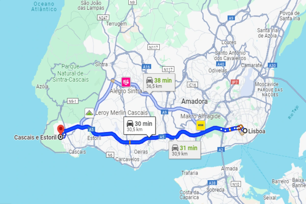 Deslocamento de carro de Lisboa até Cascais e Estoril