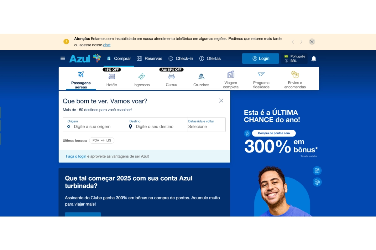 Site da Azul Linhas Aéreas